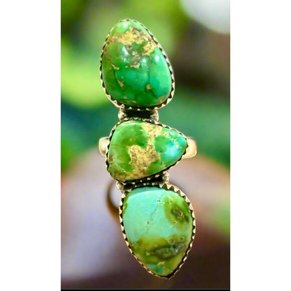 Sonoran Gold Turquoise Three Stone Ring Sterling Adjustable 5-10 - Picture 2 of 8
